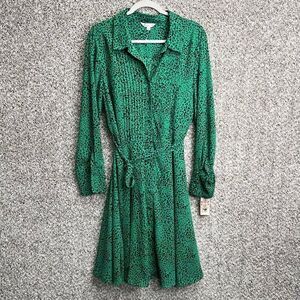 Nanette Lepore Dress Women’s 14 Green & Black Leopard Pleated Long Sleeve NWT